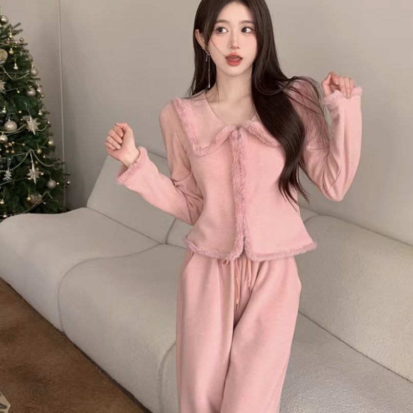 2点セット ジャケット パンツ ボトムス スーツ セットアップ 上着 レディース 羽織 前開き ロングパンツ ワイドパンツ ツーピーストップス ショート 長袖 襟付き ワイド ストレート ふわふわ ふっくら ハイウエスト ウエストゴム 伸縮性 かわいい 大人可愛い きれいめ