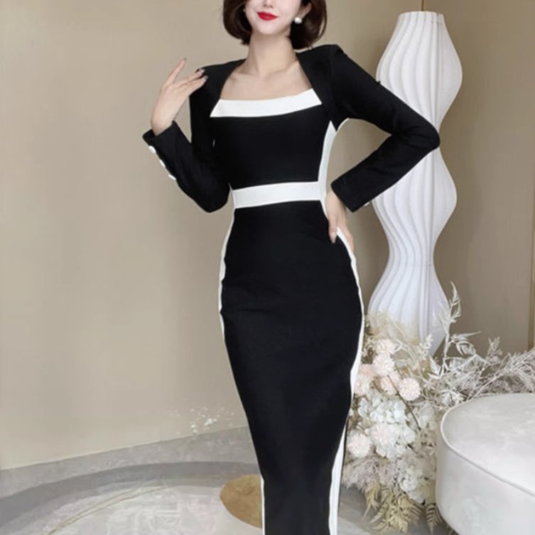 ドレス ワンピース パーティー 二次会 披露宴 演奏会 発表会 ステージ 舞台 フォーマル ロング 長袖 スクエアネック 襟なし スリム ストレート 細身 Iライン イブニング 可愛い きれいめ シンプル 大人可愛い 上品 おしゃれ かっこいい レトロ アジアン クール モード