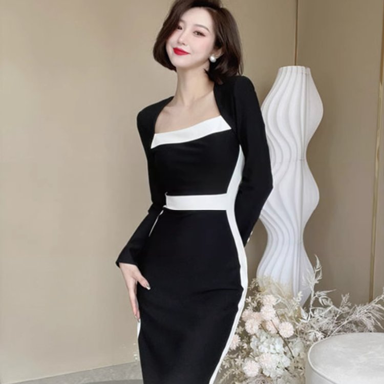 ドレス ワンピース パーティー 二次会 披露宴 演奏会 発表会 ステージ 舞台 フォーマル ロング 長袖 スクエアネック 襟なし スリム ストレート 細身 Iライン イブニング 可愛い きれいめ シンプル 大人可愛い 上品 おしゃれ かっこいい レトロ アジアン クール モード