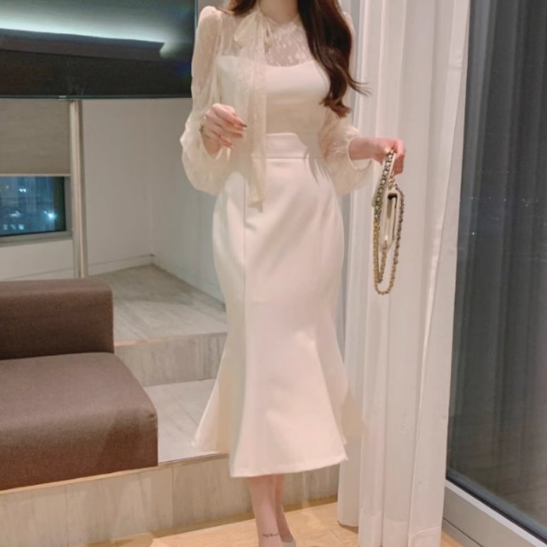 ドレス ワンピース パーティー 結婚式 二次会 披露宴 演奏会 発表会 ステージ 舞台 フォーマル ミモレ 長袖 パフスリーブ マーメイド ..