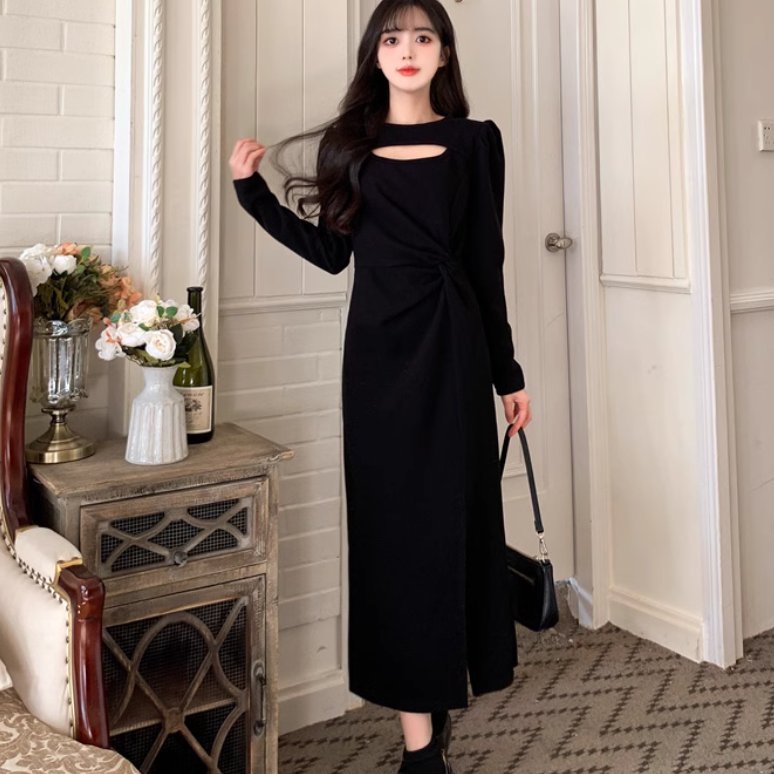 ドレス ワンピース ウェディング パーティー 結婚式 二次会 披露宴 演奏会 発表会 ステージ 舞台 ミモレ 長袖 襟なし ストレート ハイウエスト 伸縮性 サイドスリット 可愛い きれいめ シンプル カジュアル 大人可愛い 上品 おしゃれ かっこいい レトロ キュート クール