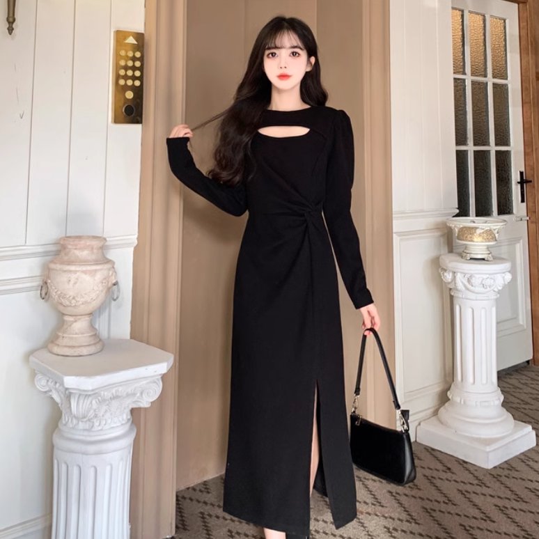 ドレス ワンピース ウェディング パーティー 結婚式 二次会 披露宴 演奏会 発表会 ステージ 舞台 ミモレ 長袖 襟なし ストレート ハイウエスト 伸縮性 サイドスリット 可愛い きれいめ シンプル カジュアル 大人可愛い 上品 おしゃれ かっこいい レトロ キュート クール