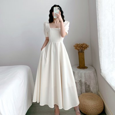 Nightwear - ワンピース ロングワンピース ドレスワンピース 半袖 パフスリーブ スクエアネック ウエストマーク セミフレア かわいい 大人可愛い きれいめ シンプル カジュアル 上品 おしゃれ かっこいい 大人女子 こなれ感 個性的 主役級 存在感 キュート エレガント 華やか フォーマル