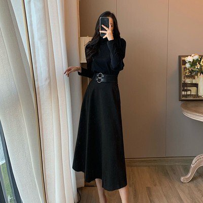 2点セット セットアップ 上下セット セーター 長袖 マトンスリーブ タートルネック ミディアム丈スカート フレア ウエストベルト かわいい 大人可愛い きれいめ シンプル カジュアル 大人 上品 おしゃれ かっこいい レトロ クール モード系 フォーマル 大人女子 こなれ感