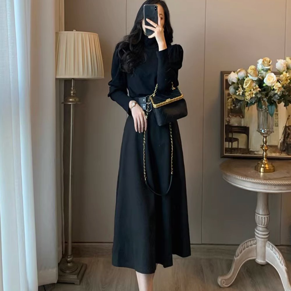 2点セット セットアップ 上下セット セーター 長袖 マトンスリーブ タートルネック ミディアム丈スカート フレア ウエストベルト かわいい 大人可愛い きれいめ シンプル カジュアル 大人 上品 おしゃれ かっこいい レトロ クール モード系 フォーマル 大人女子 こなれ感