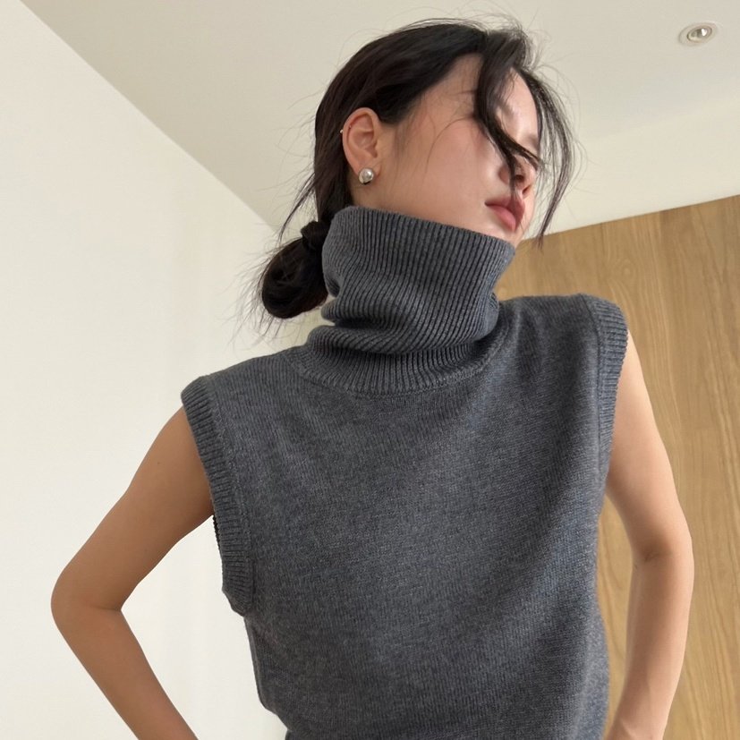 Turtleneck - トップス ニットソー プルオーバー ショート丈 袖なし タートルネック ニット かわいい 大人可愛い きれいめ シンプル 上品 おしゃれ かっこいい レトロ こなれ感 個性的 主役級 レトロ ラフ ルーズ 存在感 抜け感 オールシーズン キュート メンズライク ナチュラル