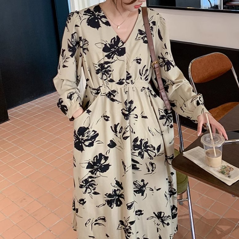 スカート ワンピース プルオーバー レディース フレアスカート ロングスカート ミモレ 長袖 Vネック 襟なし ノーカラー ワイド ウエストマーク ポケット ハイウエスト 薄手 かわいい 大人可愛い きれいめ シンプル カジュアル 上品 おしゃれ かっこいい レトロ アジアン