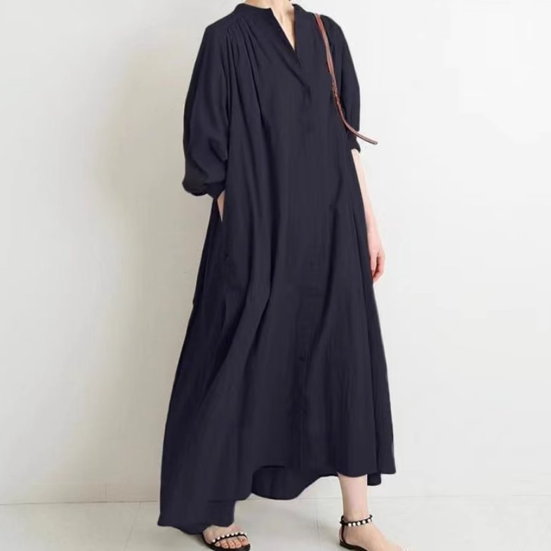 Nightwear - スカート ワンピース プルオーバー ドレス レディース ロングスカート ロング シャツワンピース 5分袖 襟なし ノーカラー オーバーサイズ 伸縮性 薄手 リネン 綿 ボタン かわいい 大人可愛い きれいめ シンプル カジュアル 上品 おしゃれ レトロ アジアン こなれ感 ラフ