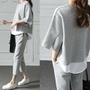 トップス パンツ ボトムス プルオーバー スーツ スウェット セットアップ レディース アンクル丈 半袖 ラウンドネック フェミニン 綿 コットン きれいめ シンプル カジュアル かっこいい こなれ感 ラフ スポーティー ルーズ 個性的 クール 抜け感 ベーシック アクティブ(4)