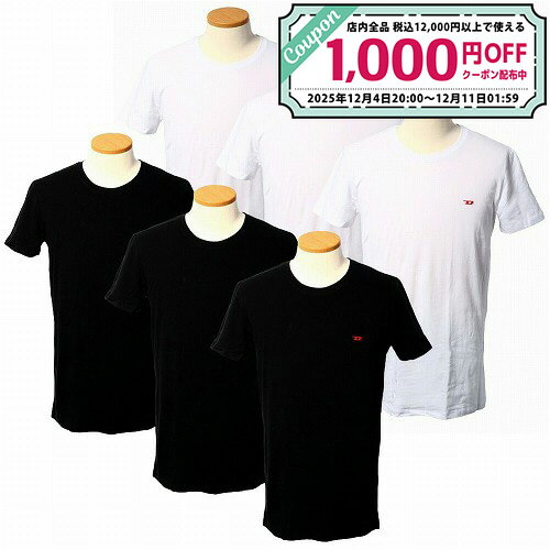 ディーゼル インナーTシャツ メンズ 3枚組 クルーネック 00SJ5L 0WAVC DIESEL アンダーウエア アンダーシャツ 半袖 下着 3枚セット 3枚パック ホワイト ブラック