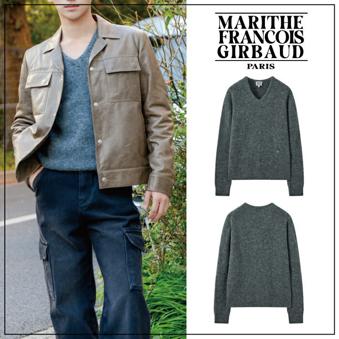 【MARITHE FRANCOIS GIRBAUD】CIRCLE LOGO V NECK ALPACA PULLOVER KNIT マリテ フランソワ ジルボー グレー ブランドロゴ 長袖 レディース メンズ ニット プルオーバー ナチュラル アルパカニット アルパカ 刺繍 メランジ Vネック