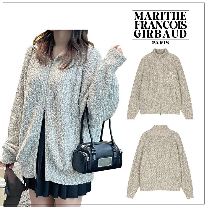 【MARITHE FRANCOIS GIRBAUD】RIBBED ZIPUP CARDIGAN マリテ フランソワ ジルボー グレー アイボリー ブランドロゴ ジップアップ 長袖 レディース メンズ カーディガン ナチュラル ジップアップカーディガン オーバーサイズ リブ 刺繍 メランジ