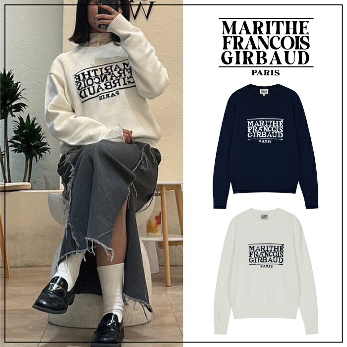 【MARITHE FRANCOIS GIRBAUD】CLASSIC LOGO KNIT PULLOVER マリテ フランソワ ジルボー アイボリー ネイビー ブランドロゴ 長袖 レディース メンズ ニット ナチュラル リブ メランジ リブニット トップス