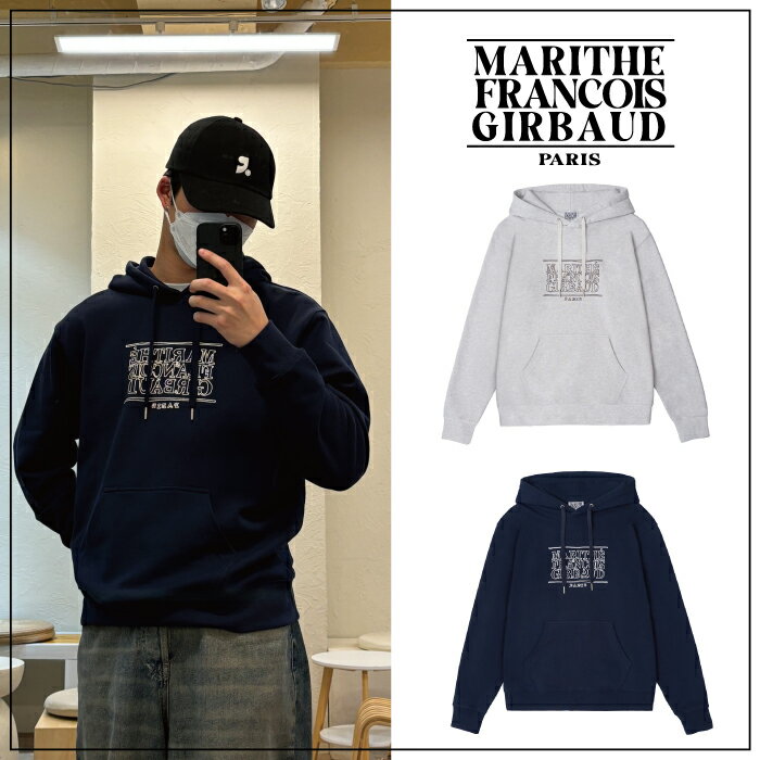 【MARITHE FRANCOIS GIRBAUD】DOODLE CLASSIC LOGO HOODIE マリテ フランソワ ジルボー ネイビー グレー ブランドロゴ パーカー フーディー フード 長袖 レディース メンズ スウェット ストリート系 刺繍 ストリート オーバーサイズ 大きめ トレーナー