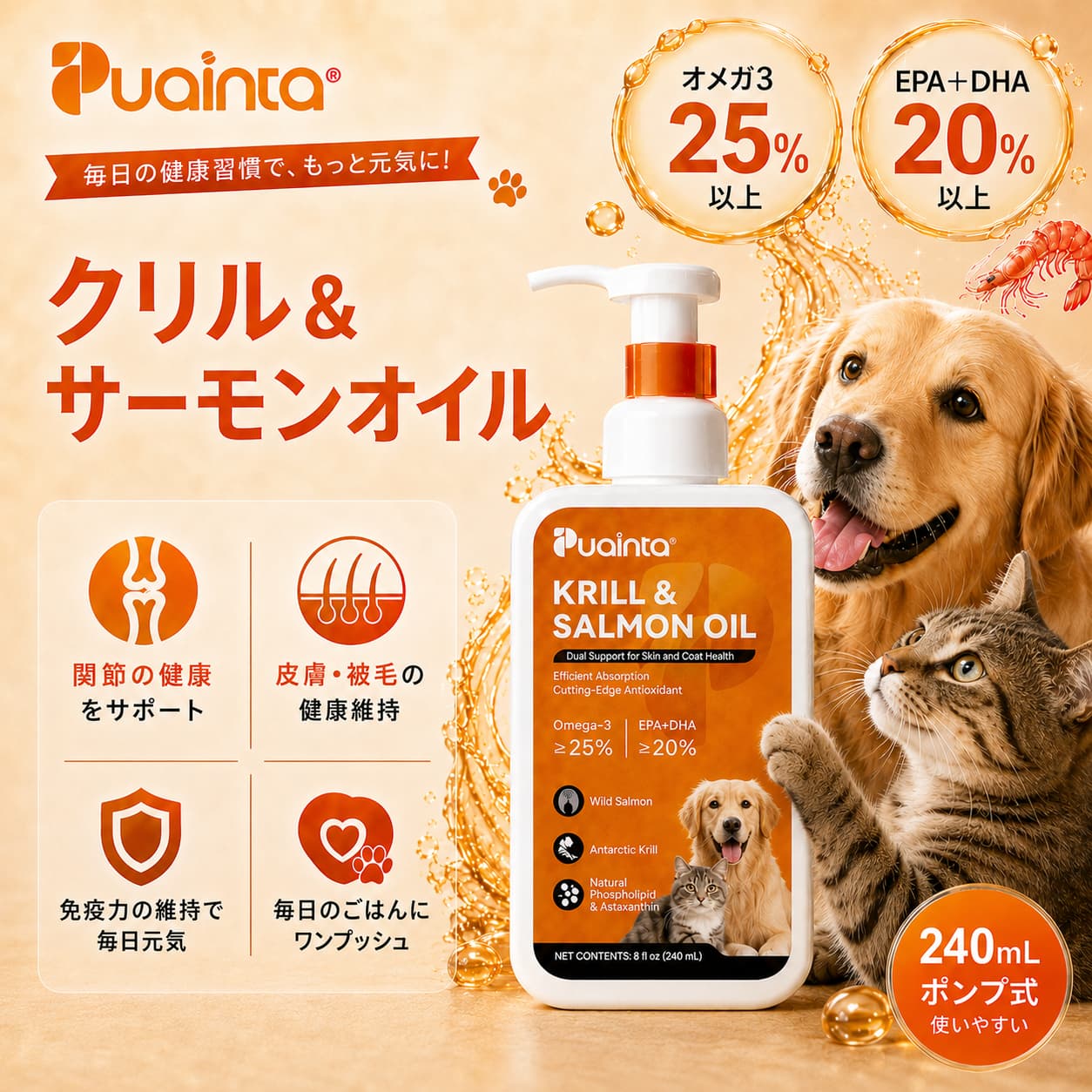 プアインタ（Puainta）クリル＆サーモンオイル 240mL 犬 猫 オメガ3 サプリ 魚油 EPA DHA 南極オキアミ油 サーモンオイル クリルオイル 皮膚 被毛 毛艶 毛づや 関節の健康維持 シニア犬 シニア猫 定量ポンプ フードにかける 犬猫用 栄養補助食品