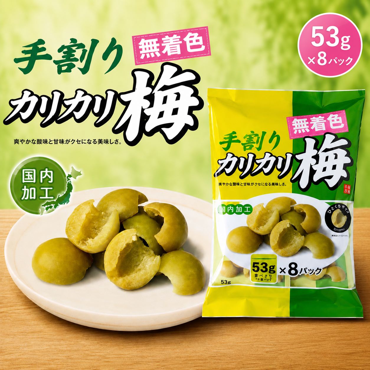 乐天商城 - 無着色 カリカリ梅 手割り 千年屋 8袋 小袋 梅 うめ ダイエット おやつ お菓子 種なし チャック付き 国内加工