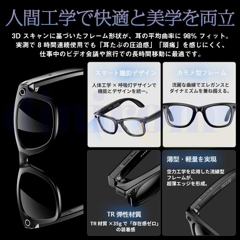 Solmont楽天市場店の【先着半額クーポン配布中】★充電アダプタや収納ケースを10名様にプレゼント★新世代1080P！スマートグラス 調光 カメラ付き 動画 録画 録音 iPhone対応 サングラス 800W解像度 音楽再生 通話 日本語アプリ&説明書 AIワイヤレスメガネ スマートメガネ Bluetooth5.4 近視用｜アングル3