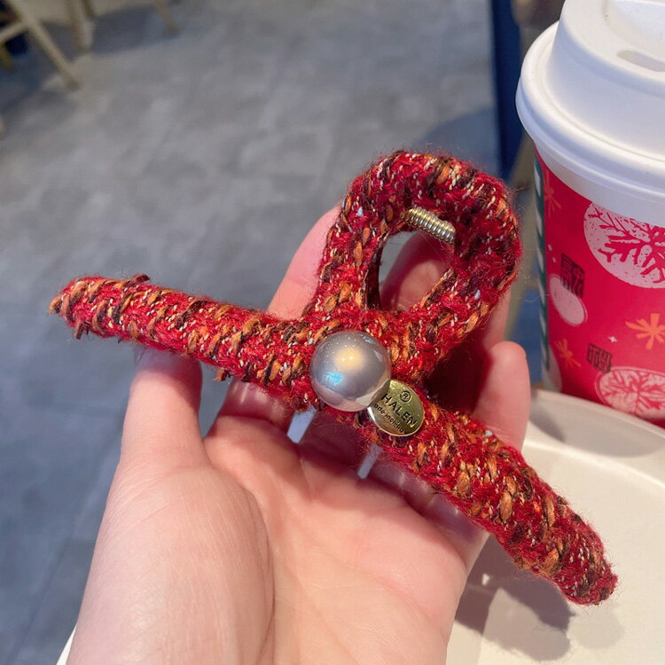 ヘアクリップ 全2色 ツイード風 パール バンスクリップ デイリー オフィス ヘアアクセサリー 大きい 大きめ ブラウン レッド 赤 クリスマス ヘッドアクセサ...