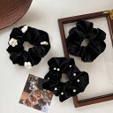 \2点10%OFF、3点20%OFF COUPON/ヘアゴム シュシュ ベロア フラワーモチーフ ビジュー付き 黒 デイリー ヘアアクセサリー 髪留め ヘッドアクセサリー パーティー 可愛い ヘアアレンジ レディース 大人 子供