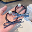 \2点10%OFF、3点20%OFF COUPON/ヘアゴム 全2色 パール付き デニム風 リボンモチーフ 普段使い りぼん ヘアアクセサリー パーティー 可愛...