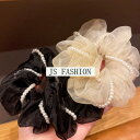\2点10%OFF、3点20%OFF COUPON/小さめ ヘアゴム 全3色 シュシュ パール付き オーガンジー シースルー 黒 ヘアアクセサリー 髪留め パー...