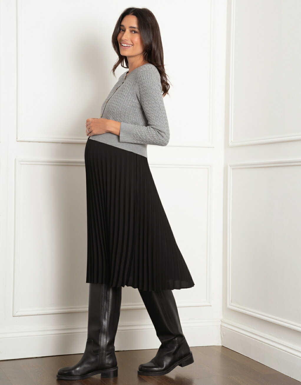 Seraphine MAUREEN (モリーン）＜授乳対応＞ニットカーディガンプリーツマタニティワンピース -グレイ/ブラック