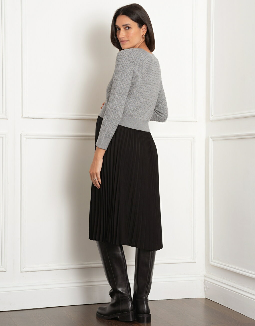 Seraphine MAUREEN (モリーン）＜授乳対応＞ニットカーディガンプリーツマタニティワンピース -グレイ/ブラック