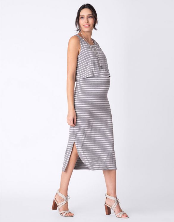 Seraphine CLAUDETTE＜授乳対応＞ストライプマタニティミディワンピース -グレイストライプ