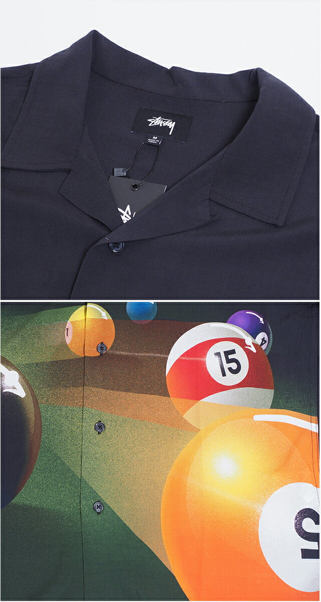 STUSSY シャツ 半袖 メンズ POOL HALL SHIRT オープンカラーシャツ カジュアルシャツ トップス 男性用 USAモデル ブラック　黒 ビリヤード 8ボール　ボタンダウンシャツ