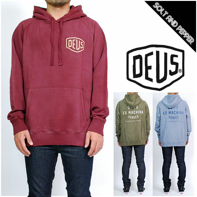 アウトレット DEUS EX MACHINA デウスエクスマキナ SUNBLEACHED VENICE HOODIE L/S SWEAT LONG SLEEVES MAROON OLIVE BLUE パーカー フーディ スェット 裏起毛 トップス 長袖 マルーン バーガンディ 濃赤 オリーブ 緑 ブルー 青　メンズ 男性