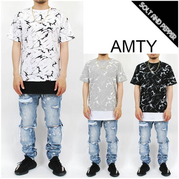 アウトレット AMTY アンティ 裾切替プリント S/S T-SHIRTS ロング丈Tシャツ ロング丈 Tシャツ WHITE ホワイト 白 BLACK ブラック 黒 GRAY グレー 総柄 メンズ 男性 レディース 女性 TOPS トップスHIPHOP ヒップホップ 無地Tシャツ プレーン