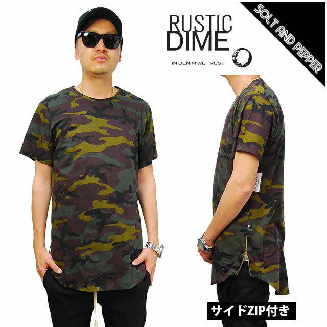 RUSTIC DIME ロング丈 Tシャツ ZIP付き チャック付き ジップ付き CAMO カモ 迷彩 LONG T-SHIRTS メンズ 男性 トップス 半袖 ラウンドテール ラスティックダイム RUSTICDIME