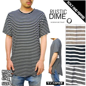 アウトレット 在庫処分 RUSTIC DIME ロング丈 Tシャツ ZIP付き チャック付き ジップ付き ブラック ネイビー グレー タン ストライプ ボーダー メンズ トップス 半袖 ラウンドテール ラスティックダイム