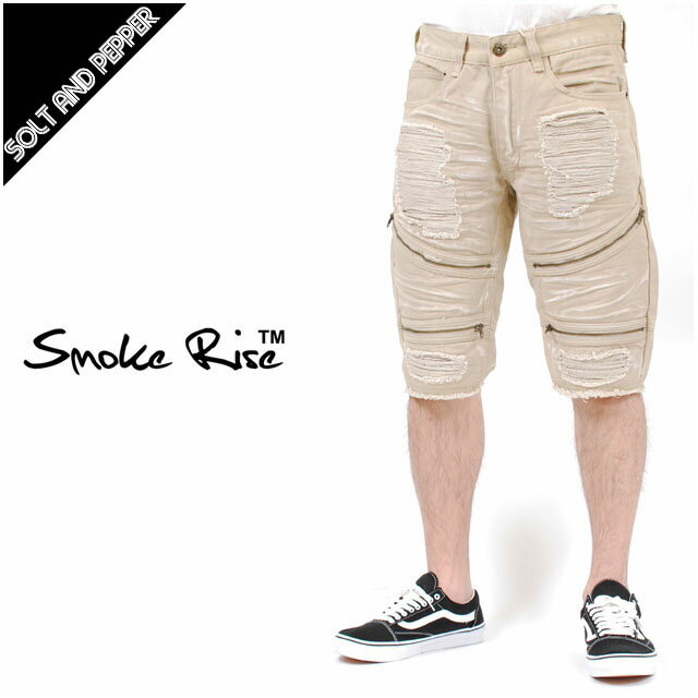 アウトレット SMOKE RISE スモークライズ MENS TWILL MOTO DENIM SHORTS PANTS W/PU KHAKI メンズ ツイル モト デニム ショーツ ショート パンツ カーキ デニム 男性 ボトムス ストリート カジュアル HIPHOP SMOKERISE バイカーショーツ