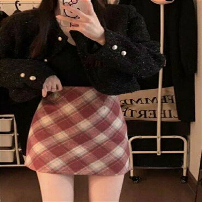 樂天商城 - 【期間限定20%OFFクーポン】スカート レディース ミニスカート ハイウエスト 秋冬 タイトスカート Aライン チェック柄 30代 エレガント 厚手 ゆったり カジュアル 二次会