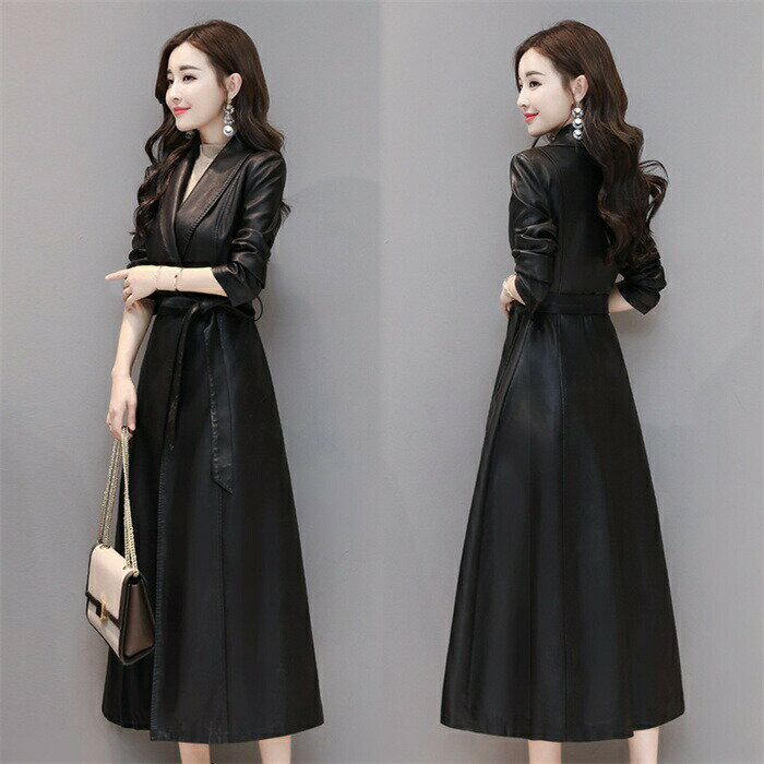 樂天商城 - 【期間限定20%OFFクーポン】レザージャケット PU フェイクレザート ロングジャケット スプリングコート アウター レディース コート ロングコート 春アウター カジュアル ベルト付き ジャケット 着やせ 防風 シンプル 高品質 春秋 お洒落 ブラック