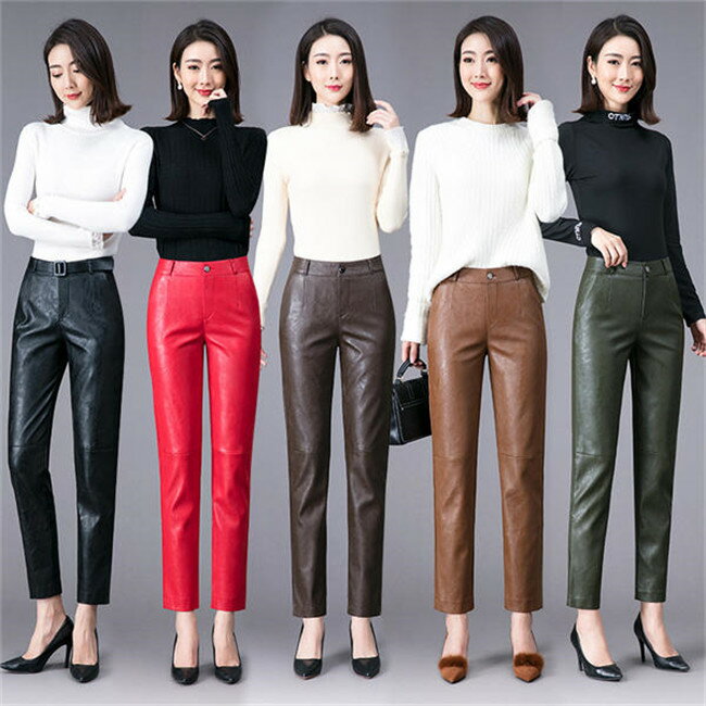 樂天商城 - 本革 ストレッチパンツ レザーパンツ レディース ボトムス レディースパンツ 高級 羊革 Aライン ロングパンツ ラムレザー ハイウエスト 脚長効果 美脚 股上深め 通勤 オフィス 普段着 オールシーズン プレゼント 母 彼女 春秋冬 着心地良い 婦人用 20代30代 40代 50代