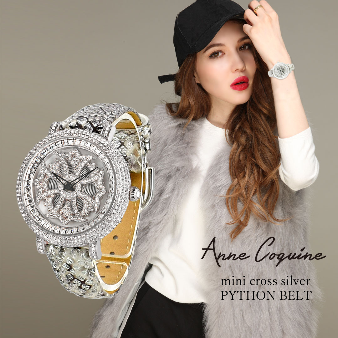 アンコキーヌ AnneCoquine ミニクロスシルバー シロ パイソンベルト 1106-0122-1 ジュエルウォッチ 革ベルト ブランド 高級 クリスタルストーン ぐるぐる くるくる グルグル クルクル 回る ゴージャス プレゼント ギフト パイソン QVC 藤島彩子 TVショッピングのサムネイル