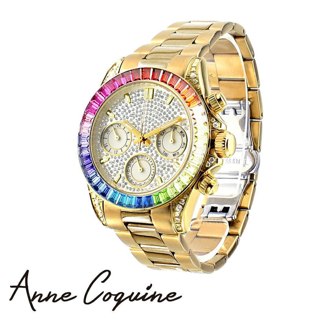腕時計 メンズ レディース 時計 A-812 トリプルカレンダー レインボー ゴールド クリスタルストーン ゴージャス ブランド 高級 プレゼント ギフト 1154-1521 Anne Coquine アンコキーヌ 藤島彩子 QVC TVショッピング おしゃれ キレイめ かっこいいのサムネイル