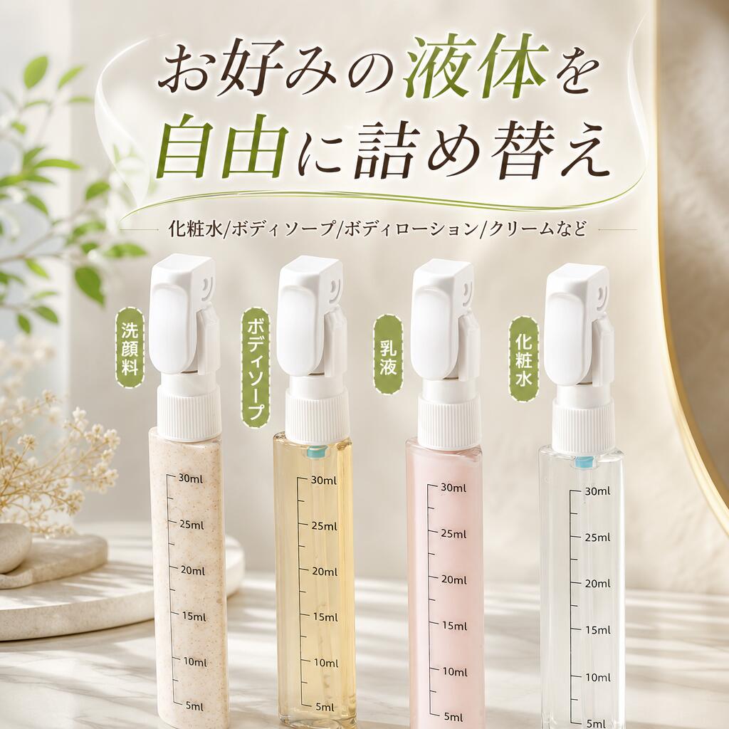 旅行用詰め替えボトル 4in1 分装容器 4in1トラベルボトル 目盛り付き プッシュ式吐...