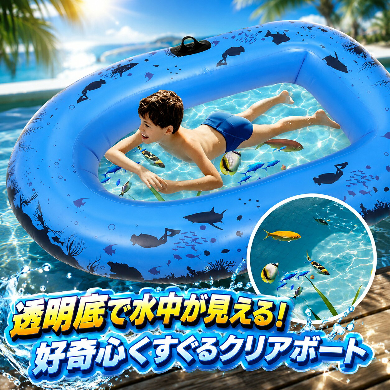 ソルベインの【新発売限定記念価格！】クリアボート ブルー 透明 底 クリア シースルーボート プール 海 川遊び アウトドア 子供 ボート ラフティング アクア 海中探索 ビュー 浮き輪 水遊び｜アングル2