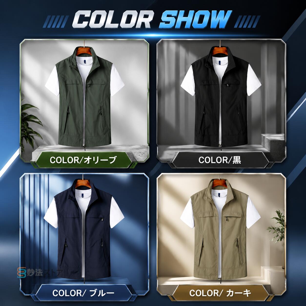 【新発売限定記念価格！】ナイロンベスト メンズ 春 夏 ベスト ゴルフ ゴルフウェア アウトドア フィッシングベスト カメラマン ノースリーブ ジップアップ レジャー キャンプ ワーク 軽量 軽い 薄手 春秋 カーキ 黒 ブルー プレゼント ジャンパー お釣り 仕事着 作業着 solvain-10025261 ソルベイン サンプル画像3