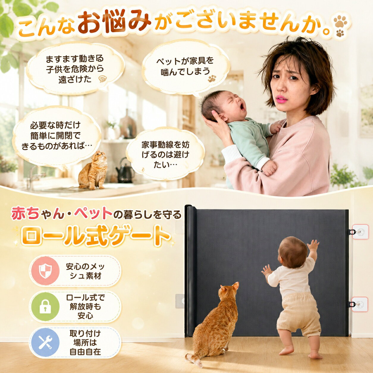 ソルベインのベビーゲート ペットゲート ロール式 穴あけ不要 テープ式 省スペース 階段下 伸縮 折りたたみ 玄関 屋内 穴あけない ロータイプ ハイタイプ 最大幅150cmまで 犬 猫 脱走防止 多用途 キッチン 階段上 ゲート ロール式【取り付け簡単】｜アングル2