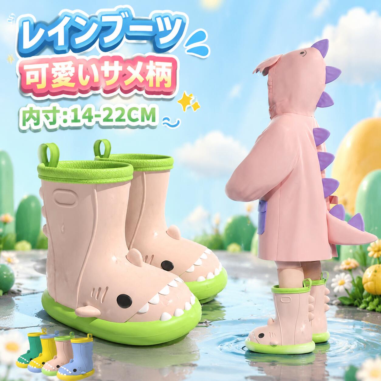【新発売限定記念価格！】レインブーツ 女の子 サメ柄 キッズ レインシューズ 子供...