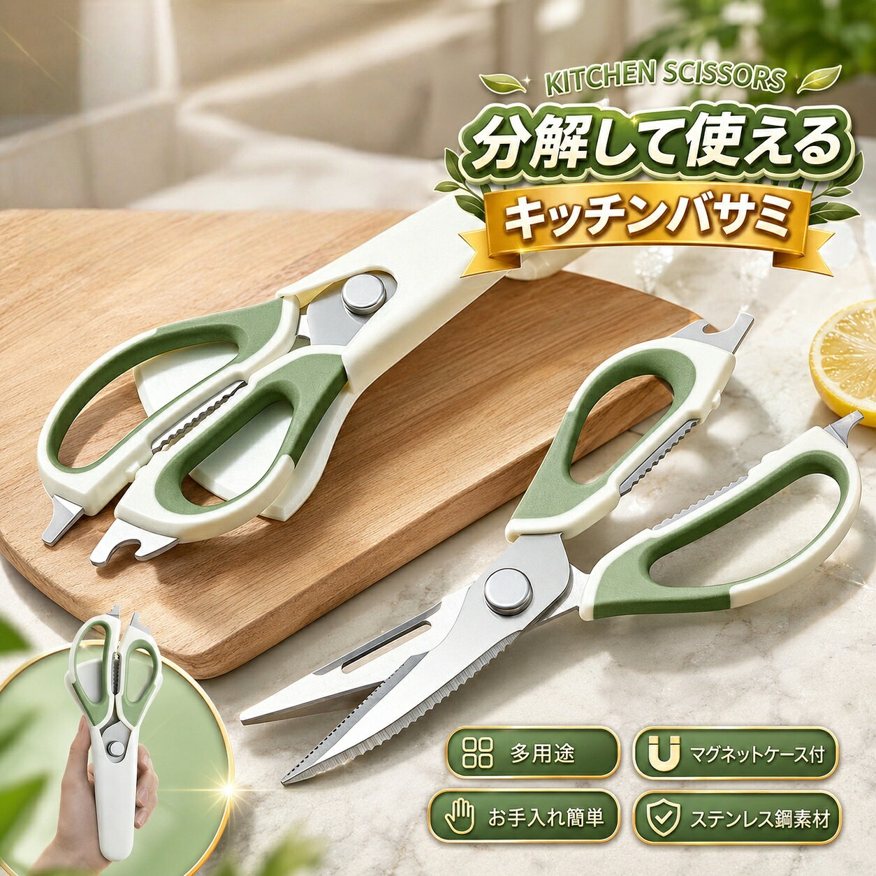 商品説明商品名：キッチンバサミ本体素材：2CR13ステンレス+PPサイズ：9*23cm重量：140gマグネットケースのサイズ：9*19cmマグネットケースの重量：50g分解して使えるキッチンバサミ。ギザギザのマイクロエッジング加工で食材を滑らず断ち切れます。栓抜き?蓋開け?缶開け?プルタブ起こしなどマルチに活躍できる万能はさみ。分解して洗えるので衛生面も安心。注意事項 ?使用時の破損や事故等につきましては責任を負いかねます。?輸入品の為、輸送の際に生じるキズ?汚れ?箱潰れがある場合がございますが新品です。?サイズ?重量は、多少の誤差が生じる場合がございます。?あくまで画像はイメージですので、商品改良の為パッケージや一部仕様が少し変更になる場合もございます。?お使いのブラウザや設定により、画像と実際の商品との若干の色の違いが生じる場合がございます。※沖縄?北海道?離島への配送につきましては、別途送料がかかります。 メーカー希望小売価格はメーカーカタログに基づいて掲載しています