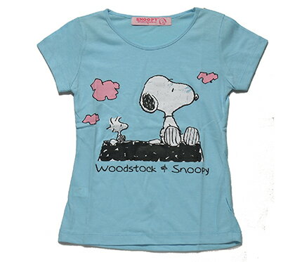 【まとめ割り対象商品】【メール便送料無料】SNOOPY & woodstock Girls T-SHIRTスヌーピー&ウッドストック ガールズ Tシャツ ライトブルー【子供服 100/110/120】