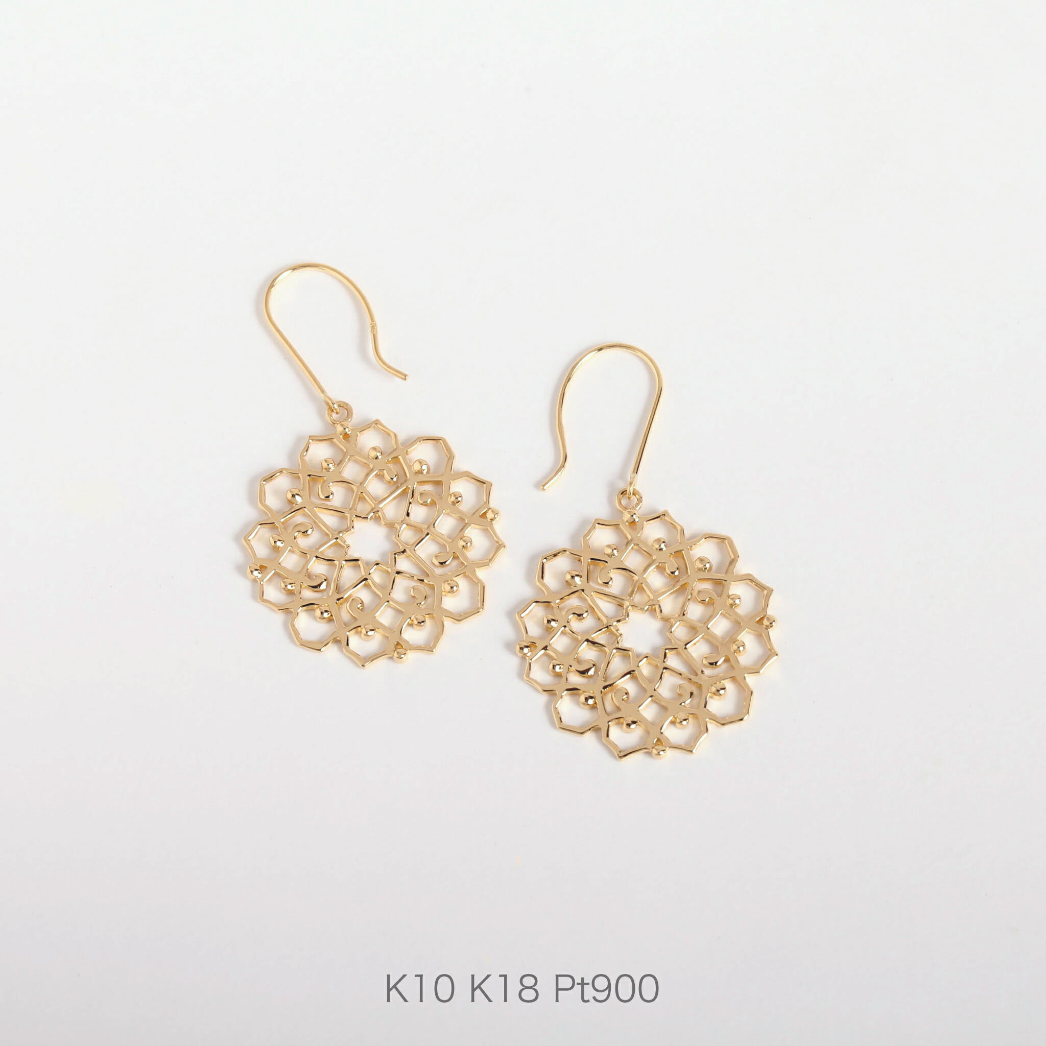 【Rudynore Hook Pierce】 K10/K18/Pt900 透かし柄 モチーフ 地金 フックピアス 揺れる アラベスク 10金 10k k10 1...