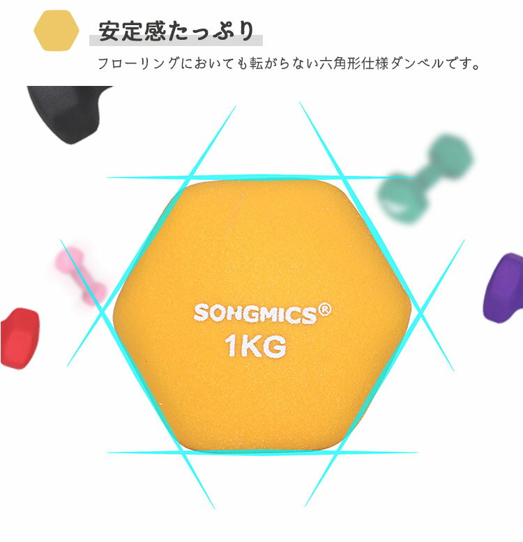 SONGMICSダンベルダンベルラック付き6個セット1kgtimes;2+1.5kgtimes;2+2kgtimes;2カラーダンベル握りやすい無臭素材軽量男女兼用家族全員使用筋トレ筋力アップアウトドア