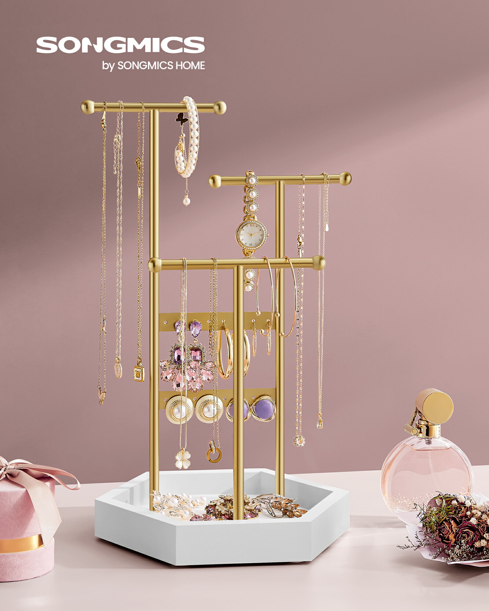 【P5★5%OFF 10日限定!!】SONGMICS アクセサリースタンド ピアススタンド おしゃれ ホルダー ネックレススタンド アクセサリー整理スタンド 収納 大容量 3段+トレー付き 金属フレーム+木製トレー ネックレス ピアスブレスレットギフト【送料無料(北海道 沖縄 離島など除く)】