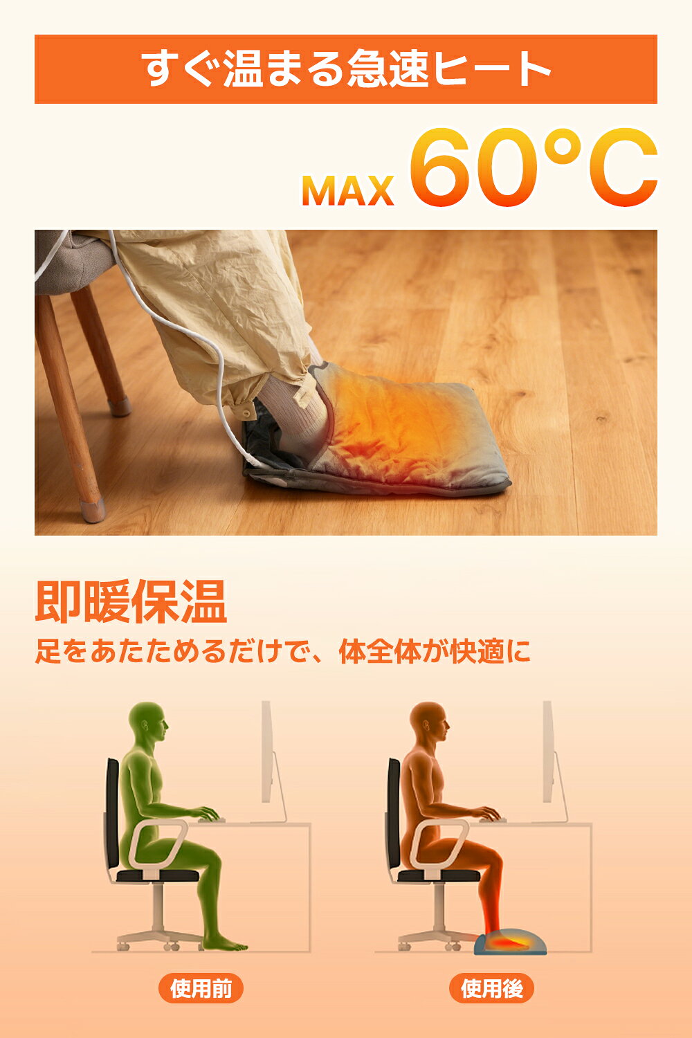 電気足温器 40×40cm 最高温度60℃ フットウォーマー 小型 足元ヒーター ホットマッ...